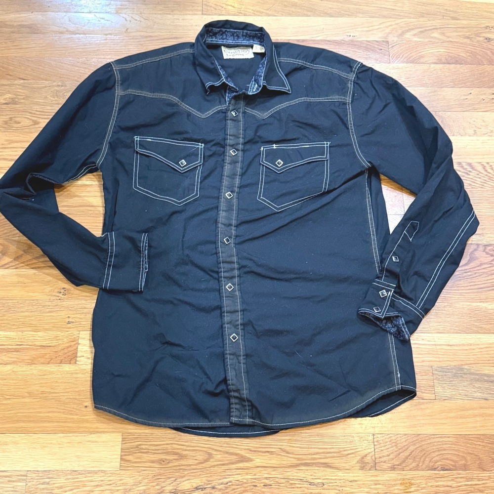 Cowboy Legend Mens Large Black Western Pearl Snap Shirt Contrast Stitch Paisley